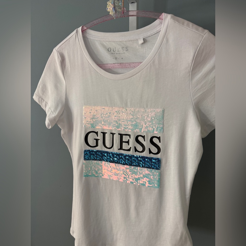 Only L left!...Mermaid Sequined Guess Tee | Guess White Tee with Sequin Accents